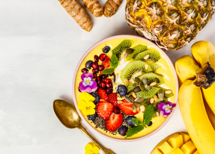 Turmeric, pineapple and mango smoothie bowl.